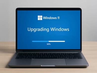 Windows 11 upgrade representation on a laptop screen.